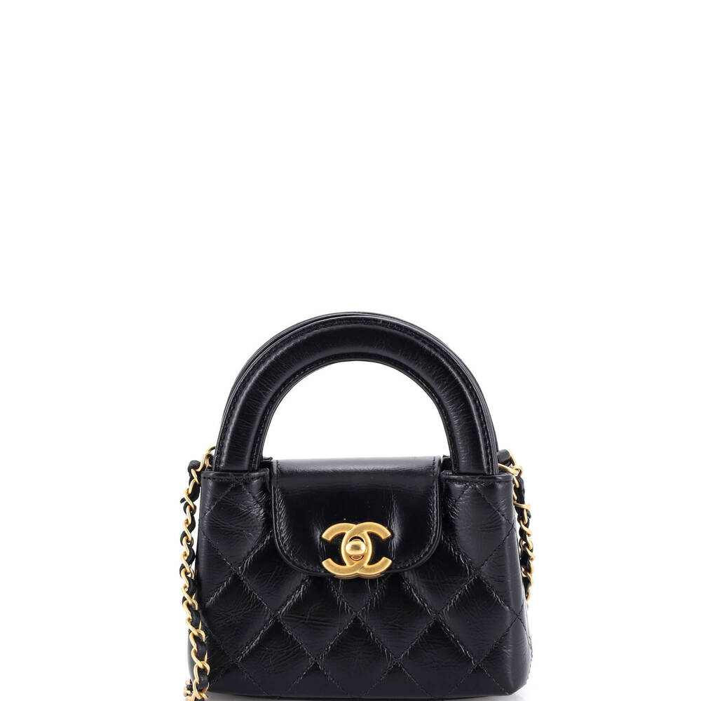 Chanel Nano Kelly Top Handle Shopping Bag Quilted Shiny Aged Calfskin
